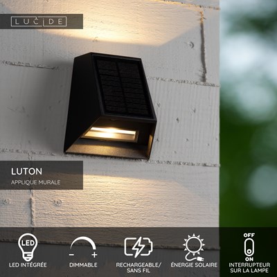 Lucide LUTON - Applique murale- Énergie Solaire - LED Dim. - 1x2W 2700K/3000K - IP54- Détecteur De Mouvement & Jour/Nuit - Noir